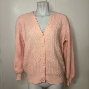 Vintage 80s Lambswool Angora Baby Pink Cardigan Pearl Buttons Victoria Jones